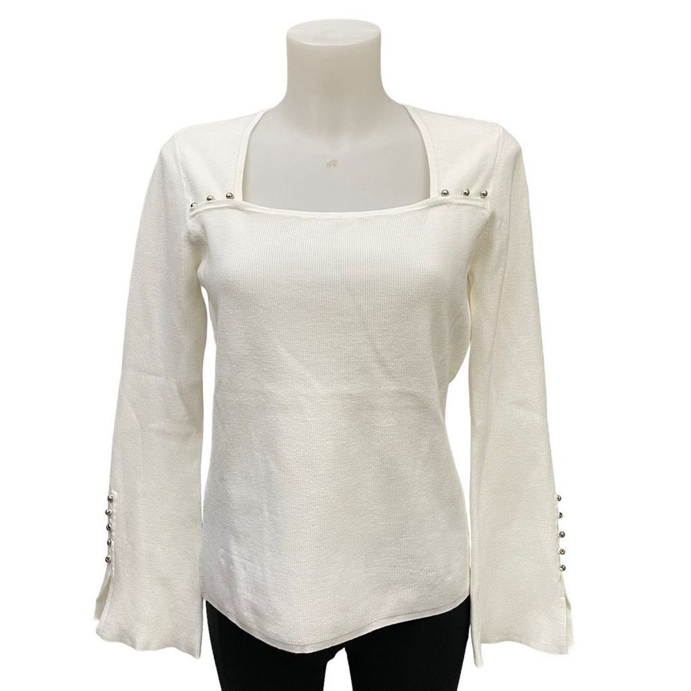 White House Black Market WHBM White Ribbed  Pullover Sweater Blouse Top Sz M New